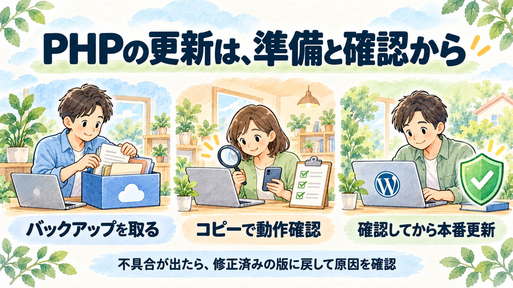 PHP更新前にバックアップを取り、検証用コピーで動作確認してから本番を更新する手順