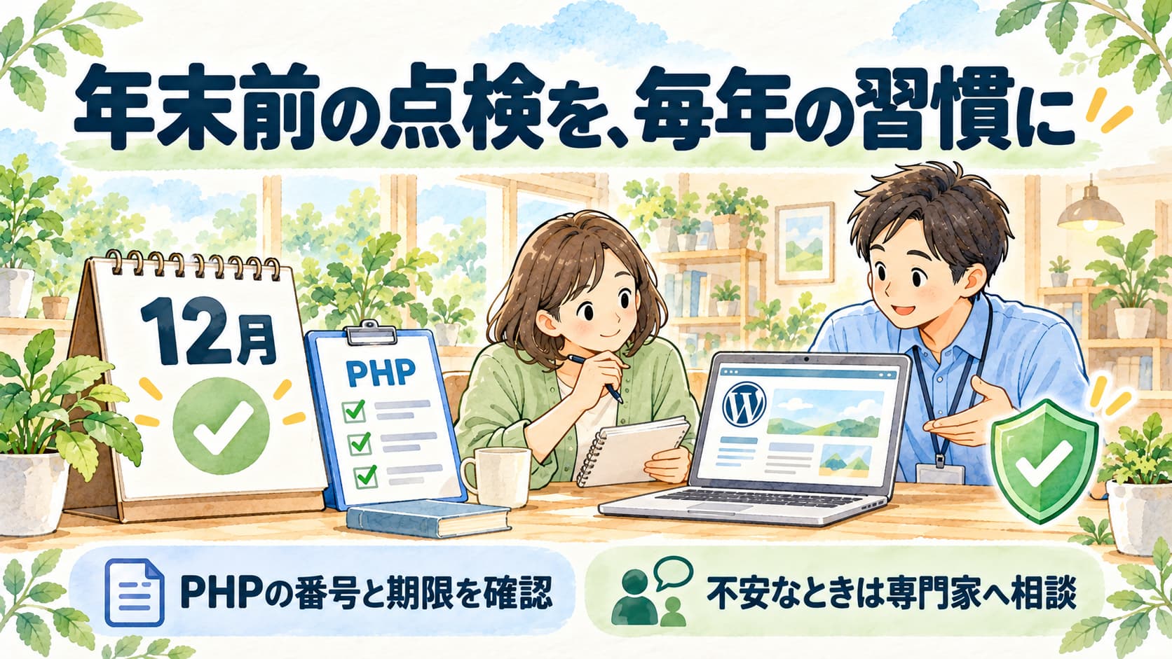 年末前にPHPのバージョンとサポート期限を確認し、保守の専門家に相談する様子